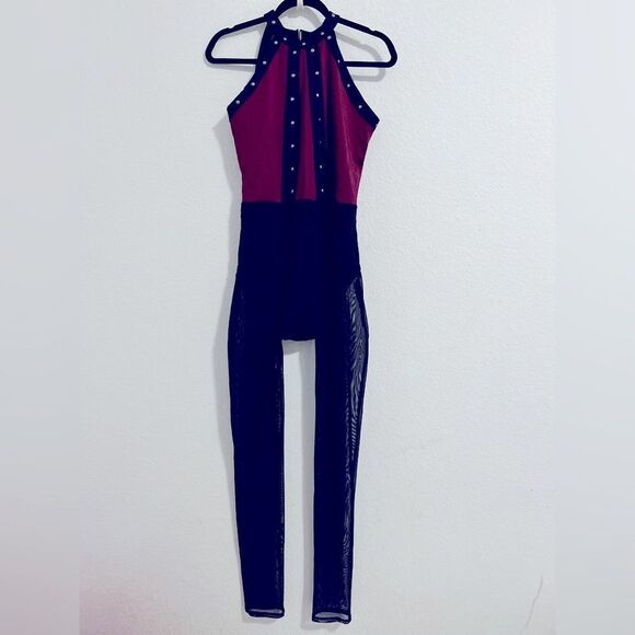 Weissman Red and Black Dance Costume unitard onesie jumpsuit cat suit - Picture 1 of 10